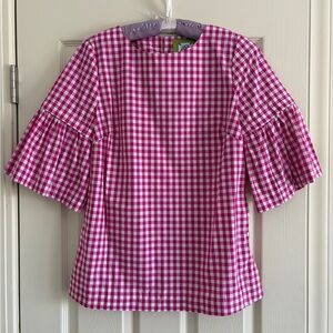 Elizabeth McKay Pink Gingham Blouse with Flared Sleeves Women Size Small